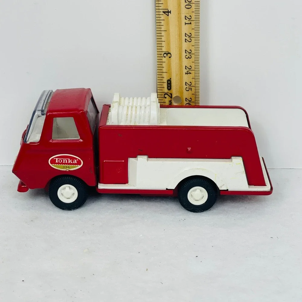 Vintage Tonka USA Pressed Steel Fire Truck Pumper Red White Toy Cabover 5 Inch
